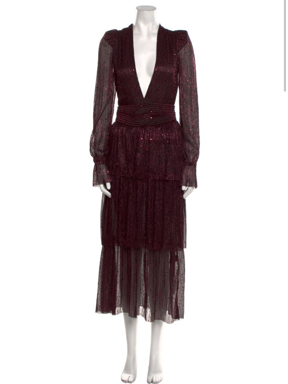 Sabina Musayev Deep Burgundy Sparkle Tiered Midi Dress
